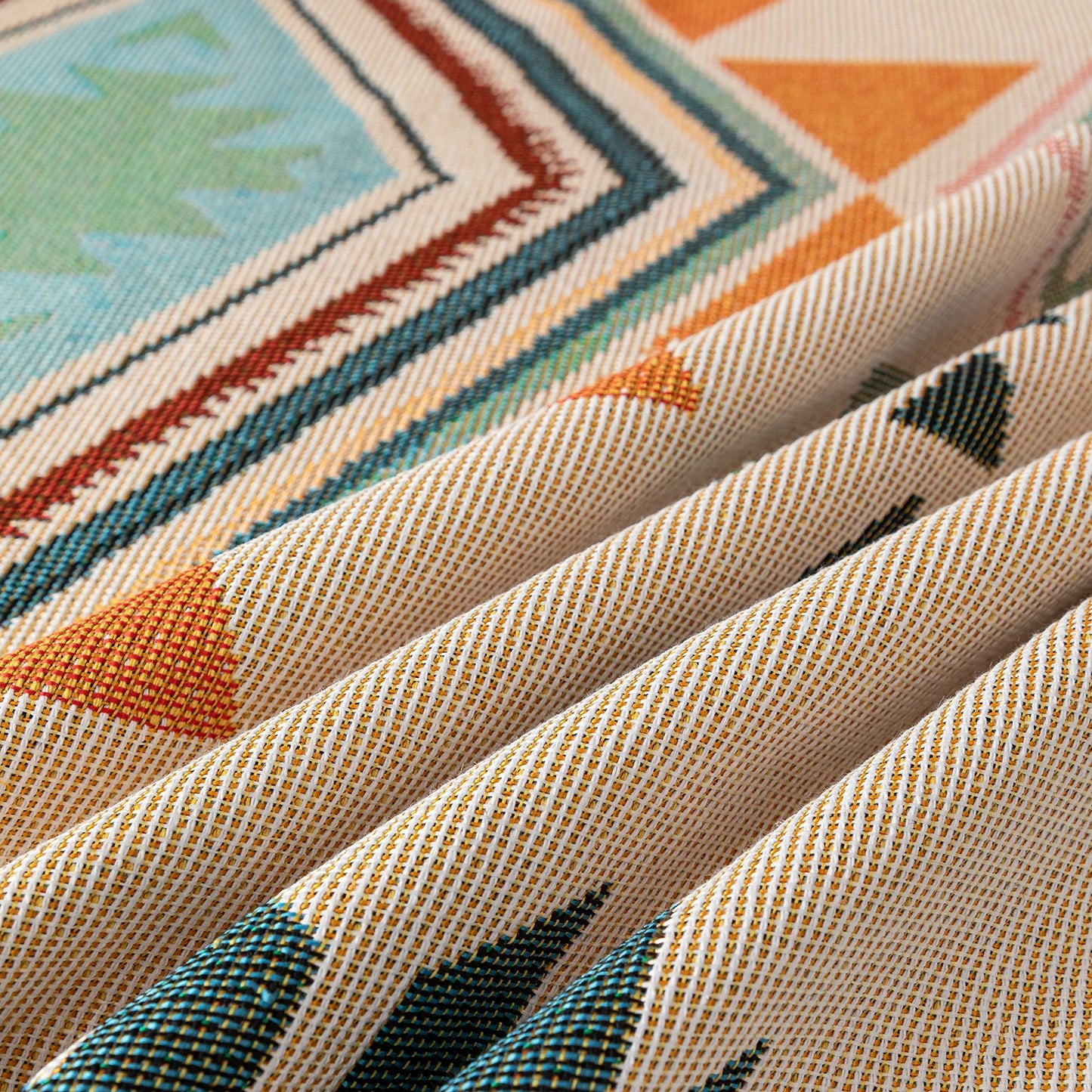 Close up of bohemian couch cover textured fabric.