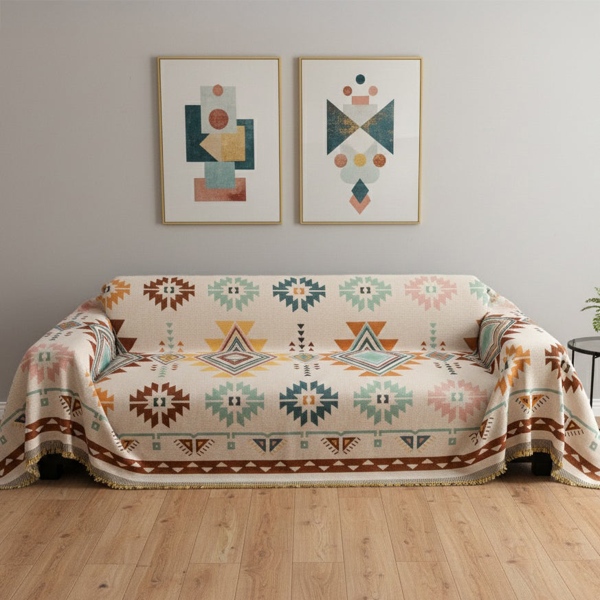 Sofa with a patterned throw blanket in a living room setting with abstract art on the wall.