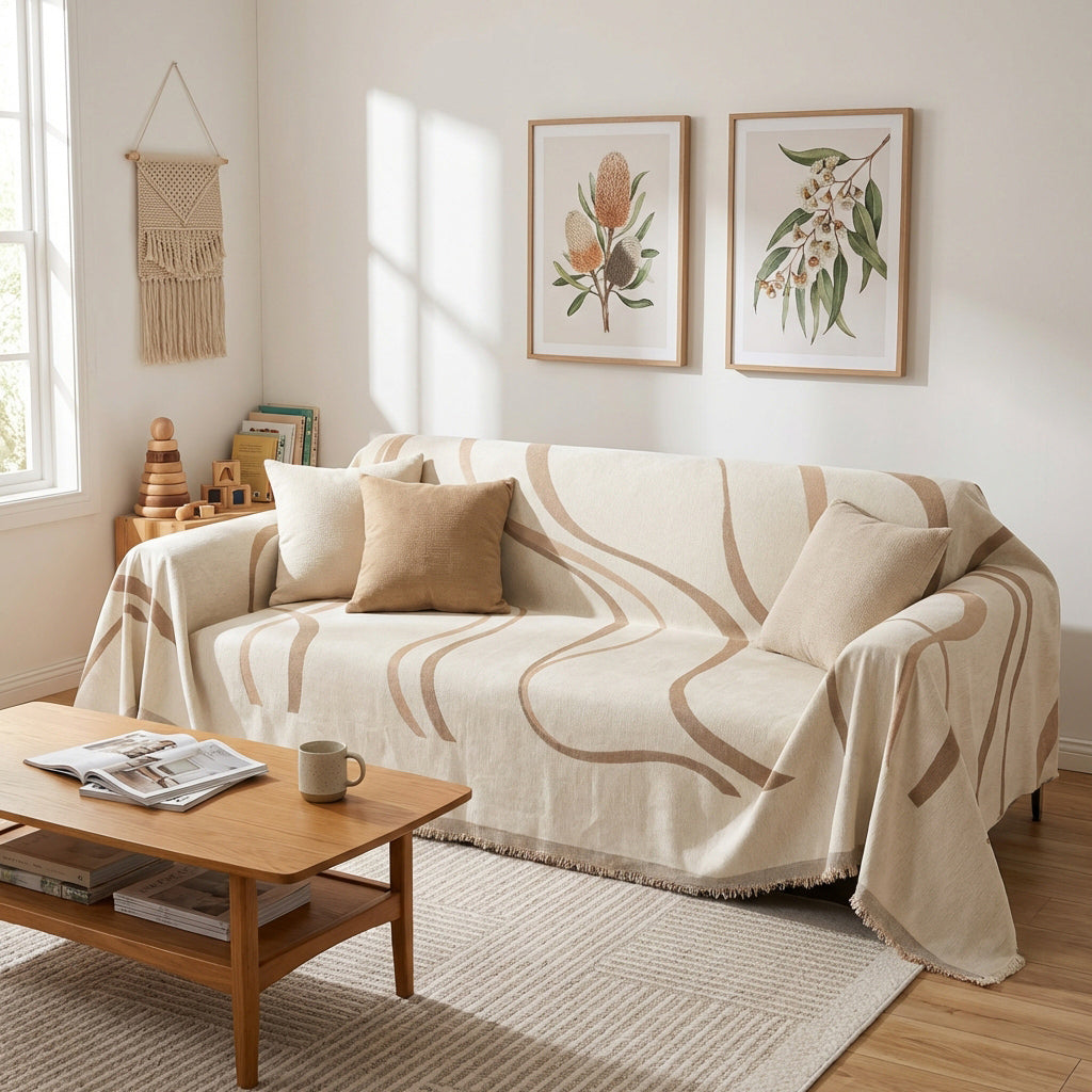 Cream Waves Couch Cover (Reversible)